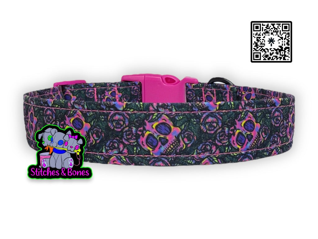 Dog Collar | 14-21" x1" | Neon Floral Skulls