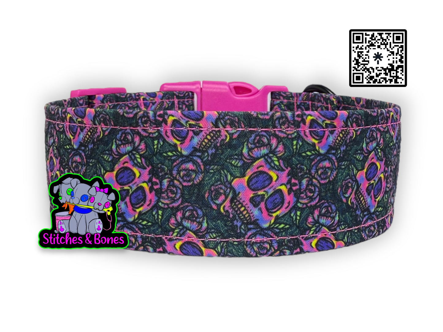 Dog Collar | 13-19” x1.5” | Neon Floral Skulls